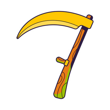 Stylized cartoon scythe illustration with wooden handle