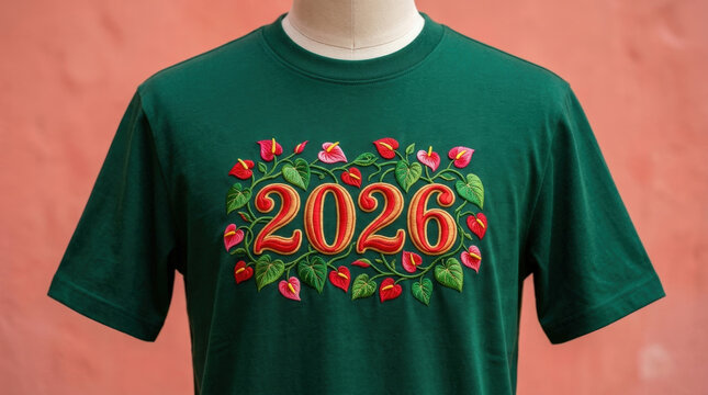 Dark forest green crewneck shirt featuring vibrant red anthurium floral embroidery surrounding central golden year 2026 text logo.
