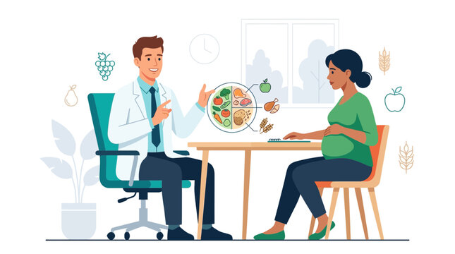 Doctor consulting pregnant woman on healthy nutrition and balanced diet, visual aid with food groups