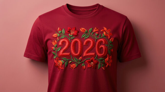 Dark red cotton t-shirt with vivid floral embroidery surrounding year number two thousand twenty six for vibrant summer fashion.