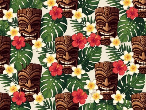 Tropical pattern displays wooden tiki masks with hibiscus and plumeria flowers. Large green monstera leaves fill background. This ethnic design evokes Polynesian island culture and holiday vibes.