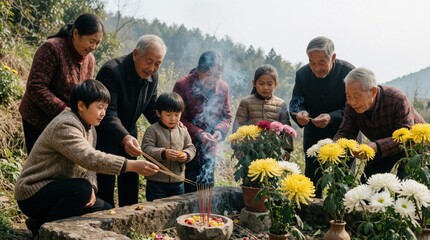 Obraz premium Chinese family performs Qingming Festival tomb sweeping ritual in spring. Multi generation relatives honor ancestors with incense sticks, yellow flowers at gravesite. Elderly parents, young children