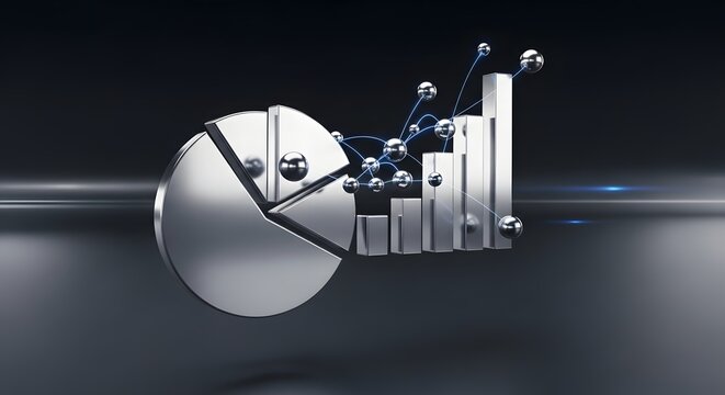 Silver pie chart and bar graph showing connected spheres data analysis