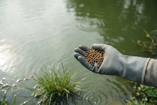 Gloved hand holding fish feed pellets above green pond water