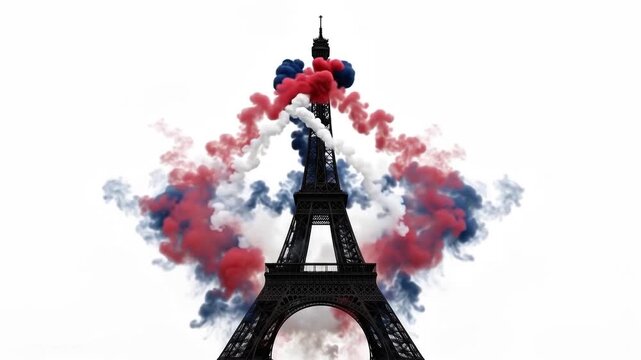 Silhouette of Eiffel Tower with French Flag Colors Smoke Explosion on White Background
