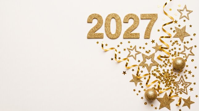 Golden 2027 New Year celebration background with stars and glitter confetti on white backdrop