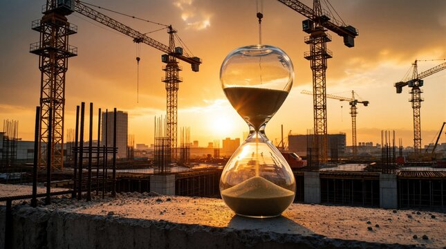 Hourglass sits on unfinished concrete at construction site during sunset. Cranes and building skeletons fill the orange sky. Symbol of project deadlines and passing time.