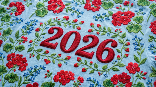 Embroidered 2026 number with red geranium flower motifs on light blue fabric for vintage inspired festive seasonal clothing.
