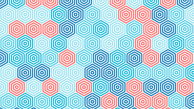 Modern Geometric Hexagonal Pattern in Blue and Red Abstract Honeycomb Background
