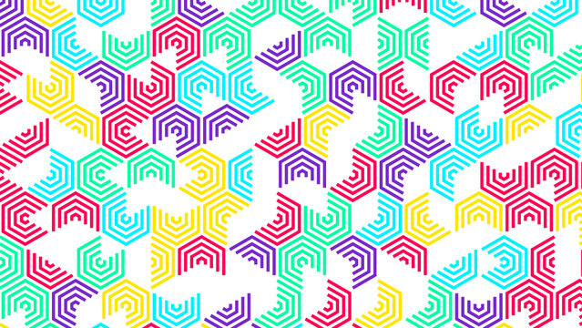 Vibrant Geometric Hexagon Pattern with Colorful Lines on White Background