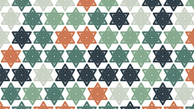Modern Star of David Seamless Pattern with Geometric Jewish Symbols in Green and Terracotta Colors