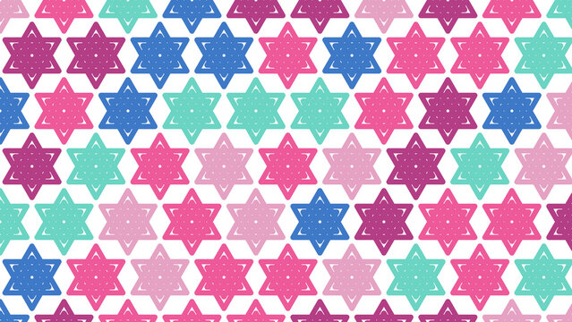 Colorful Star of David Seamless Pattern with Pink Blue and Purple Geometric Icons on White Background