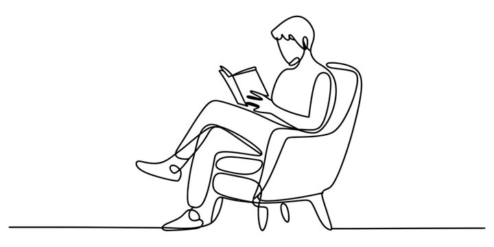 Young man sitting in an armchair reading a book continuous line drawing