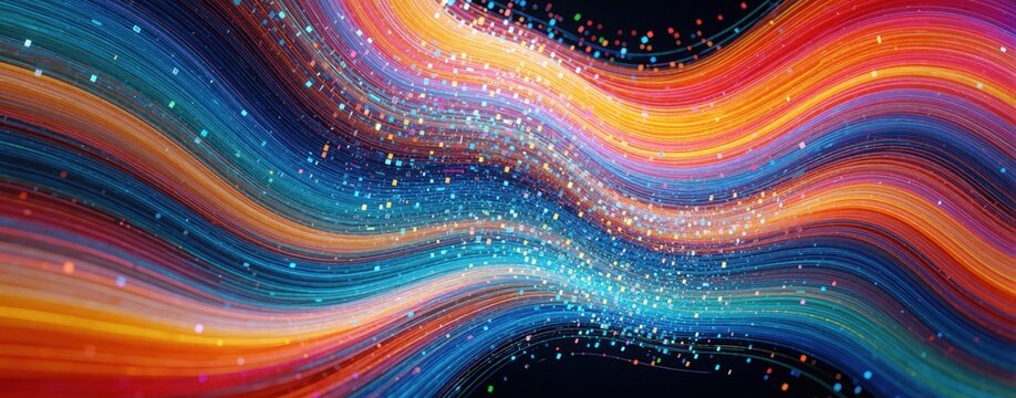 Abstract digital data stream with vibrant colorful wavy lines and glowing particles. Represents information flow, technology, network, and futuristic concepts.