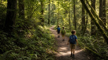 Fototapeta premium Young Boys Exploring a Winding Woodland Trail with Hiking Backpacks 