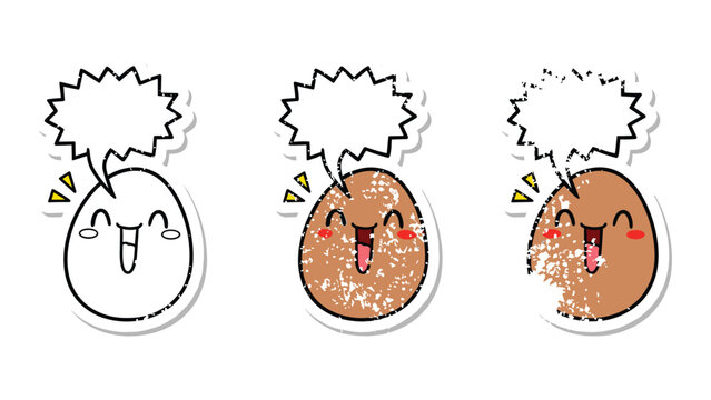 Kawaii fried egg sticker character with speech bubble vector set