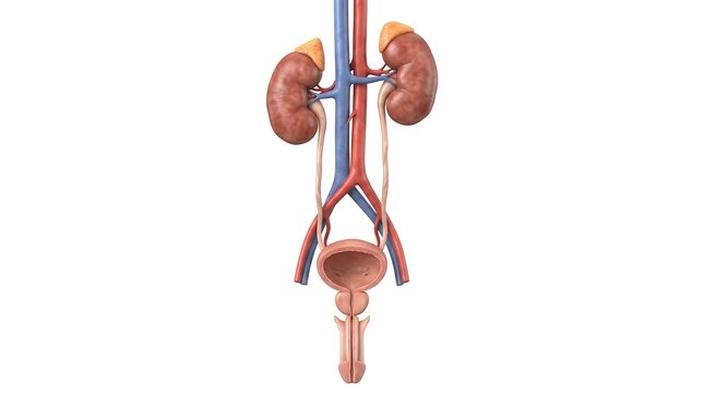 Detailed human urinary system anatomical model showing kidneys bladder and vessels isolated on white