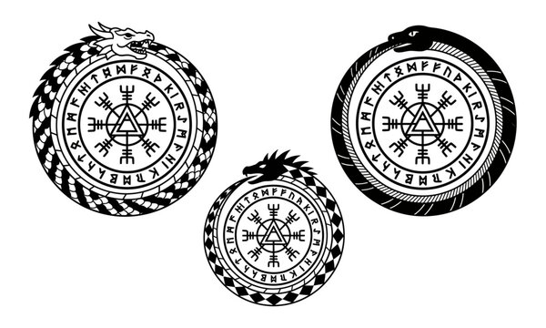 Three circular Norse mythological symbols featuring dragons or serpents biting their tails surrounding inner circles filled with ancient runes and geometric magical stave designs in black