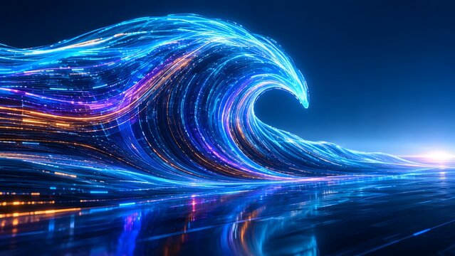 Abstract digital ocean wave made of glowing fiber optic lines and data streams with data stream network connection cybernetic