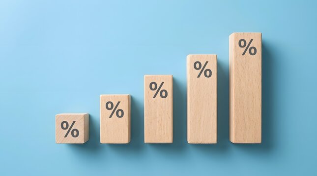 Colorful wooden blocks arranged as a decreasing bar graph with percentage signs on a blue background