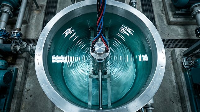 Industrial mixing tank with rotating agitator in stainless steel vessel processing chemical liquid solution in modern factory facility for manufacturing and engineering industrial photography