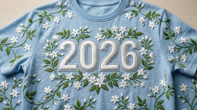 Light blue cotton t-shirt with elegant white floral vine embroidery framing year two thousand twenty six festive celebration.