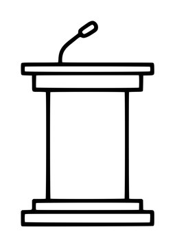 Hand-traced minimalist black and white vector icon of a lecture podium with attached microphone, clean line art illustration for educational presentations, business conferences, and public speaking