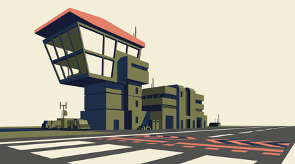 Obraz premium Vector Illustration of a Military Airfield Control Tower with a Runway in Flat Design Style