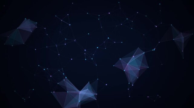 Seamless looping 4K motion graphic animation featuring a dense network of floating atomic nodes and interconnected triangular polygonal facets on a clean dark background.