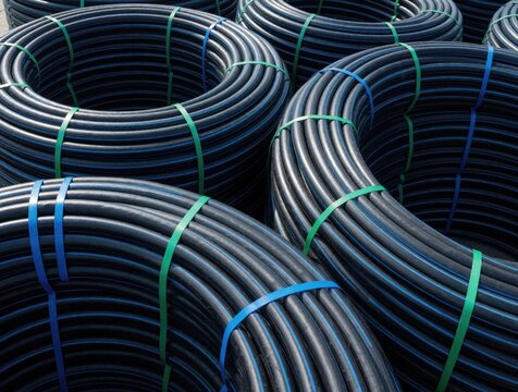 Pile of coiled black MDPE water pipes for plumbing systems. Large rolls of polyethylene tubing secured with blue, green plastic straps. Industrial material stack for construction, irrigation, utility