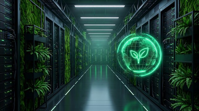 Green data center interior with rows of server racks decorated with lush vertical garden plants and glowing holographic earth globe showcasing sustainable cloud computing technology