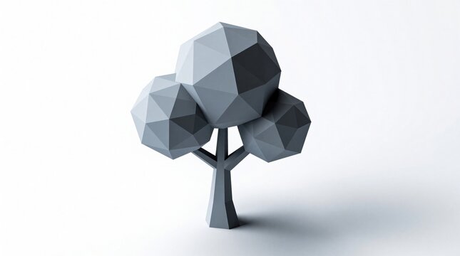 Geometric low poly tree model isolated on white background. Minimalist, abstract design featuring angular shapes and polygons. Modern, clean, and simple digital render.