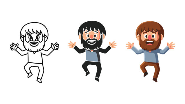 Jumping bearded man vector character set in different art styles