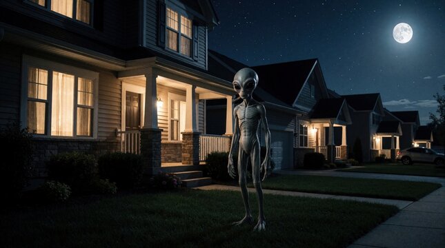 Alien stands in front of suburban house at night under full moon. Extraterrestrial visitor appears curious about residential neighborhood. Lights on inside windows suggest unaware occupants.