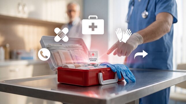 A medical professional pointing to an open first aid kit with digital health care icons
