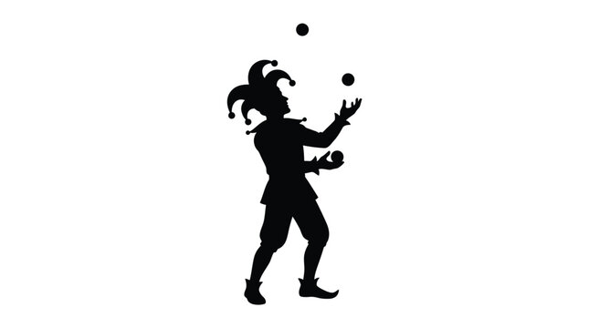 Jester silhouette performing a fun juggling act with multiple circular balls in this high quality black and white vector illustration design