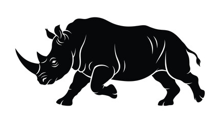 Black silhouette of a large rhinoceros moving forward captured as a high contrast vector graphic illustration for creative design projects © haroon art