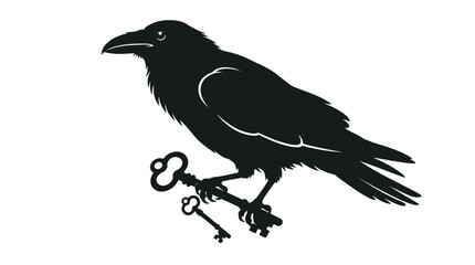 Fototapeta premium Raven holding vintage keys in its sharp talons rendered as a flat black vector graphic design for modern artistic projects