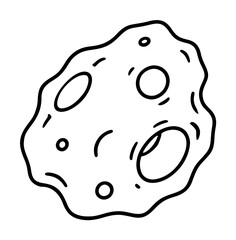 Hand-drawn vector illustration of a meteorite asteroid featuring irregular shape with craters and holes, simple black and white line art icon perfect for space science astronomy and educational © MdAriful