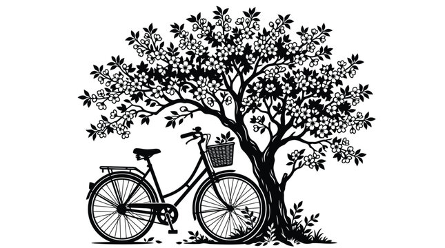 Elegant vector illustration featuring a vintage bicycle parked beneath a sprawling cherry blossom tree with detailed black ink style branches