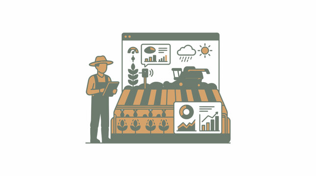 Smart farming concept showing an agricultural worker monitoring crop data on digital devices.