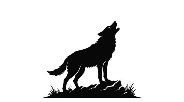 Howling wolf silhouette vector graphic showing a wild canine standing on a rocky ledge in sharp black and white style