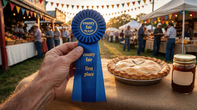 Hand holds blue first place ribbon at county fair next to prize winning pie and jam jar. Agricultural competition victory, baking excellence and rural tradition celebrated.