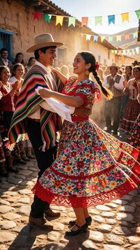 Young man, woman dance traditional folk dance in colorful ethnic costumes. Happy couple performs cueca on cobblestone street during local festival. People watch performance under bright sun with