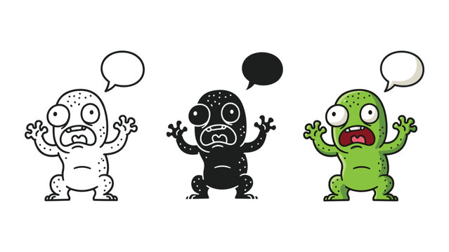 Funny green alien monster character with speech bubble