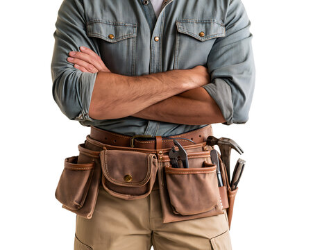 Worker stands with arms crossed, wearing tool belt.