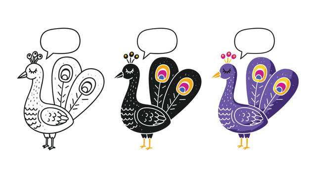 Peacock bird vector illustration with speech bubble in diverse styles