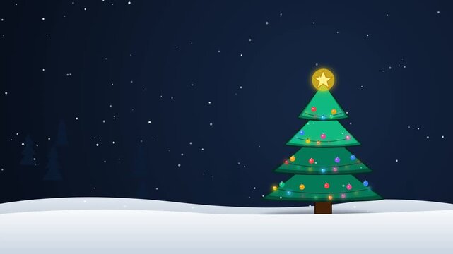 4K motion graphic animation featuring a festive Christmas tree with falling snow effect, background tree silhouettes, colorful twinkling lights, glowing ornaments, and a glowing star topper with seaml