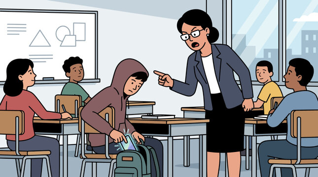 Teacher Scolding Student for Using Phone in School Classroom Illustration
