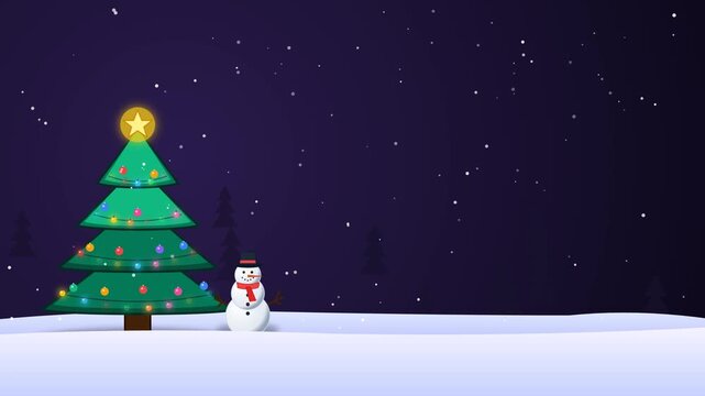 4K motion graphic animation featuring a festive Christmas tree and cute snowman on the left with falling snow, magical purple-midnight gradient background, silhouette trees, twinkling lights, and a gl